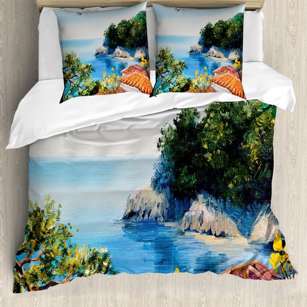 Abakuhaus Romantico Copripiumino, Paesaggio Mediterraneo, Antiacaro, Adatto A Chi Soffre Di Allergie, Con Federe, 155 Cm X 220 Cm - 80 X 80 Cm, Blu, Verde, Arancione-image