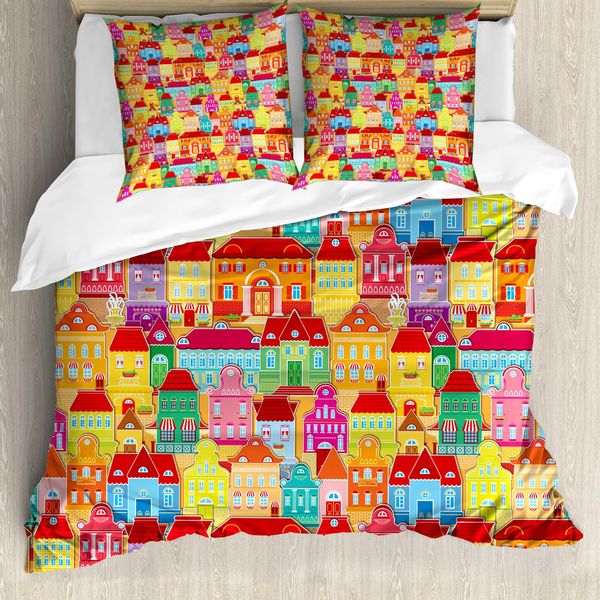 Abakuhaus Vista Della Città Cartoni Animati Copripiumino, Case Colorate, Antiacaro Adatto A Chi Soffre Di Allergie Con Federe, 155 Cm X 220 Cm - 80 X 80 Cm, Multicolore-image