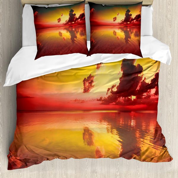 Abakuhaus Set Copripiumino Per Letti Matrimoniali, Riflesso Dell'acqua All'alba, Antiacaro Adatto A Chi Soffre Di Allergie Con Federe, Giallo Verde Bosco Scuro-image
