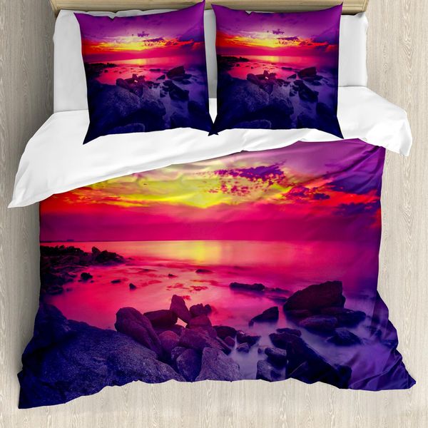 Abakuhaus Americana Copripiumino, Tramonto Sul Mare Nuvoloso, Antiacaro Adatto A Chi Soffre Di Allergie Con Federe, 200 Cm X 200 Cm - 80 X 80 Cm, Viola, Rosso, Giallo-image