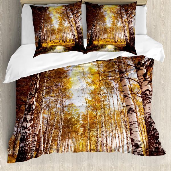 Abakuhaus Copripiumino Baum, Herbst-Birken-Fluss, Resistente All'acqua, Lavabile, Colori Che Non Stingono, Personalizzato, 155 Cm X 220 Cm - 80 X 80 Cm, Giallo, Marrone, Bianco-image