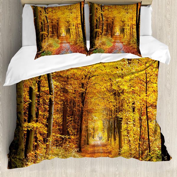 Abakuhaus Copripiumino Wald, Foglie Autunnali, Antiacaro, Adatto A Chi Soffre Di Allergie, Con Federe, 155 Cm X 220 Cm - 80 X 80 Cm, Giallo E Marrone-image
