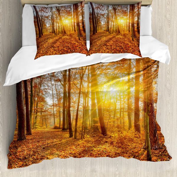 Abakuhaus Copripiumino Wald, Foggy Sonnenuntergang Sunbeams, Antiacaro, Adatto A Chi Soffre Di Allergie, Con Federe, 155 Cm X 220 Cm - 80 X 80 Cm, Arancione Marrone Giallo-image