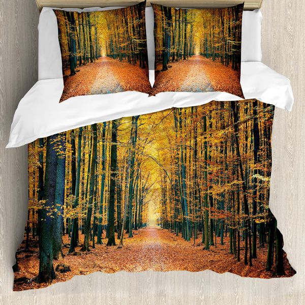 Abakuhaus Copripiumino Wald, Romantisches Alley Woods, Antiacaro, Adatto A Chi Soffre Di Allergie, Con Federe, 155 Cm X 220 Cm - 80 X 80 Cm, Blu Ardesia, Arancione, Giallo-image