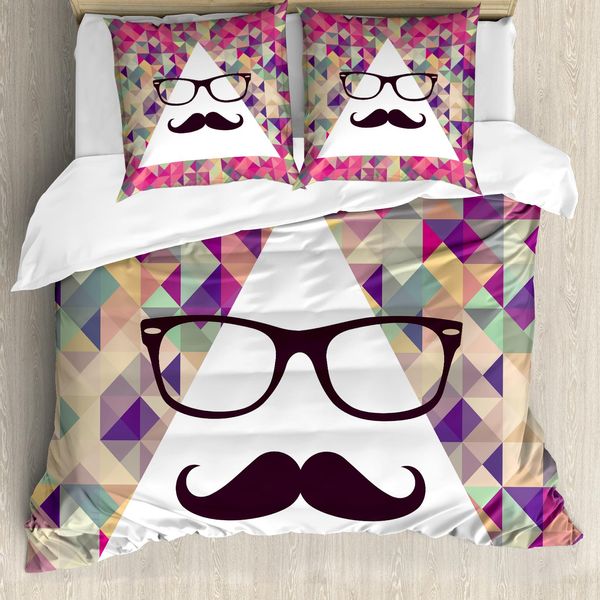 Abakuhaus Copripiumino Geometrico, Occhiali Hipster Con Baffi, Antiacaro, Adatto A Chi Soffre Di Allergie, Con Federe, 155 Cm X 220 Cm - 80 X 80 Cm, Multicolore-image