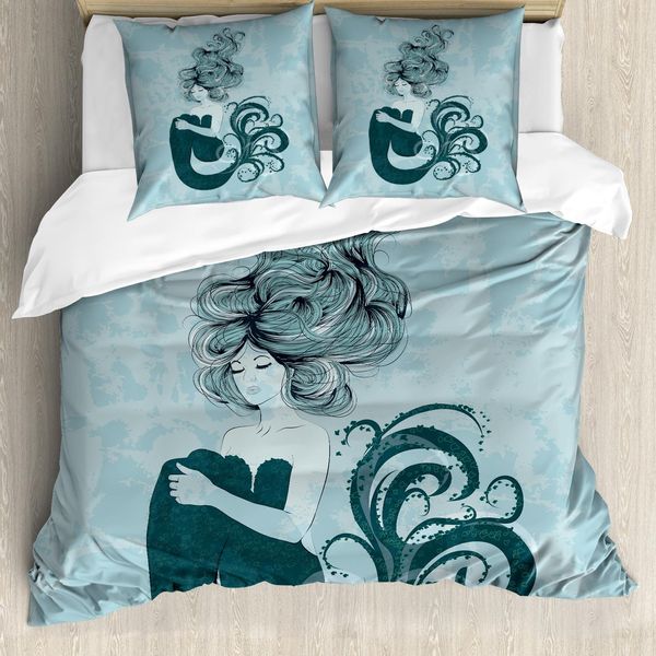 Abakuhaus Set Copripiumino Blu Scuro Per Letti Matrimoniali, Sirena Addormentata, Antiacaro, Adatto A Chi Soffre Di Allergie, Con Federe, Blu Scuro-Verde-image