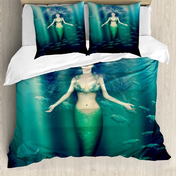 Abakuhaus Copripiumino Sirena, Vita Sottomarina, Antiacaro, Adatto A Chi Soffre Di Allergie, Con Federe, 200 Cm X 200 Cm - 80 X 80 Cm, Verde Aqua Lilla-image