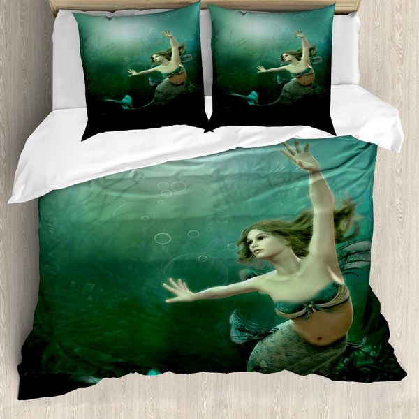 Abakuhaus Copripiumino Sirena, Mermaid Undersea, Antiacaro, Adatto A Chi Soffre Di Allergie, Con Federe, 200 Cm X 200 Cm - 80 X 80 Cm, Verde Giada, Verde Acqua, Avorio-image