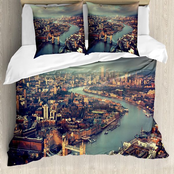Abakuhaus London Copripiumino, Thames River E Ponte, Antiacaro, Adatto A Chi Soffre Di Allergie, Con Federe, 200 Cm X 200 Cm - 80 X 80 Cm, Mandorla, Verde, Arancione-image