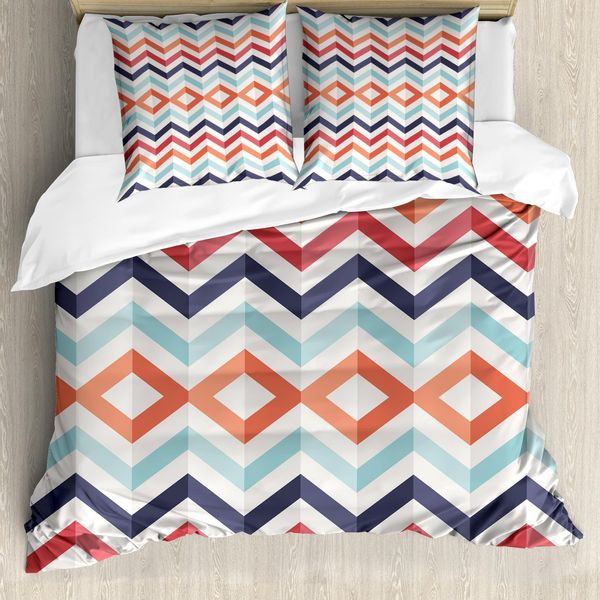 Abakuhaus Copripiumino Geometrico, Linee A Zig-Zag, Antiacaro, Adatto A Chi Soffre Di Allergie, Con Federe, 200 Cm X 200 Cm - 80 X 80 Cm, Blu Arancione Rosso-image