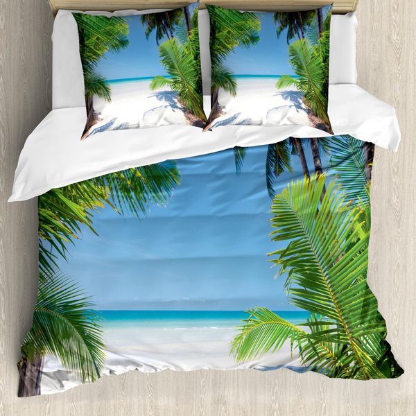 Abakuhaus Copripiumino Ocean, Palm Leaf Tropical Beach, Antiacaro, Adatto A Chi Soffre Di Allergie, Con Federe, 155 Cm X 220 Cm - 80 X 80 Cm, Verde Cielo, Blu, Bianco-image