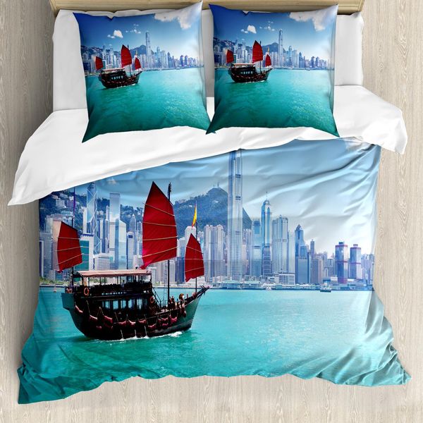 Abakuhaus Copripiumino Ocean, Hong Kong Harbor Boat, Antiacaro, Adatto A Chi Soffre Di Allergie, Con Federe, 155 Cm X 220 Cm - 80 X 80 Cm, Blu Acquamarina Rosso-image