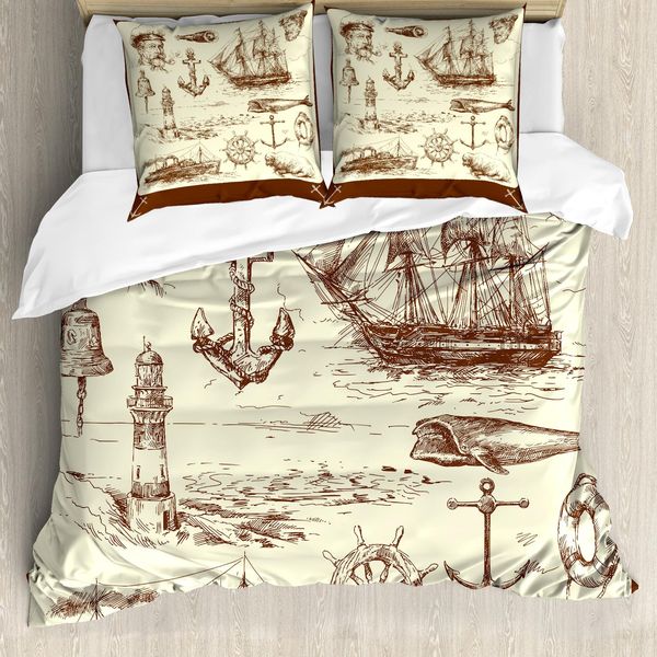 Abakuhaus Set Copripiumino Retrò Per Letti Matrimoniali, Effetto Disegno Oceanico, Antiacaro, Adatto A Chi Soffre Di Allergie, Con Federe, Marrone Crema-image