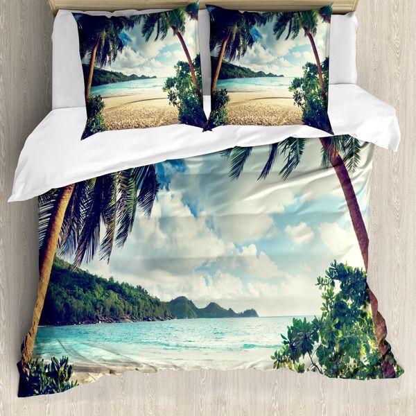 Abakuhaus Copripiumino Palme, Estate Vintage Tropicale, Antiacaro Adatto A Chi Soffre Di Allergie Con Federe, 155 Cm X 220 Cm - 80 X 80 Cm, Verde Scuro Sabbia Marrone-image