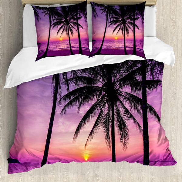 Abakuhaus Copripiumino Ocean, Silhouette Di Palme Viola, Antiacaro, Adatto A Chi Soffre Di Allergie, Con Federe, 200 Cm X 200 Cm - 80 X 80 Cm, Viola Nero-image