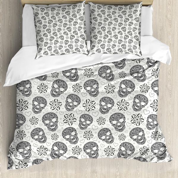 Abakuhaus Copripiumino Con Teschi, Teschi Astratti, Antiacaro, Adatto A Chi Soffre Di Allergie, Con Federe, 155 Cm X 220 Cm - 80 X 80 Cm, Bianco E Nero-image