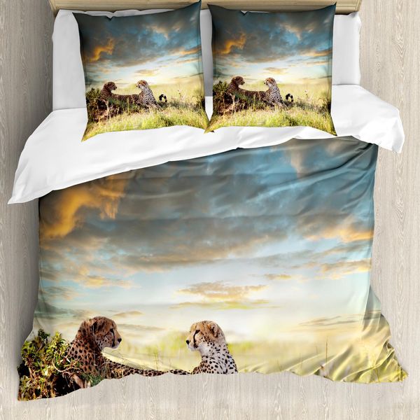 Abakuhaus Set Copripiumino Safari Per Letti Matrimoniali, Pericolosi Ghepardi In Africa, Antiacaro Adatto A Chi Soffre Di Allergie Con Federe, Multicolore-image