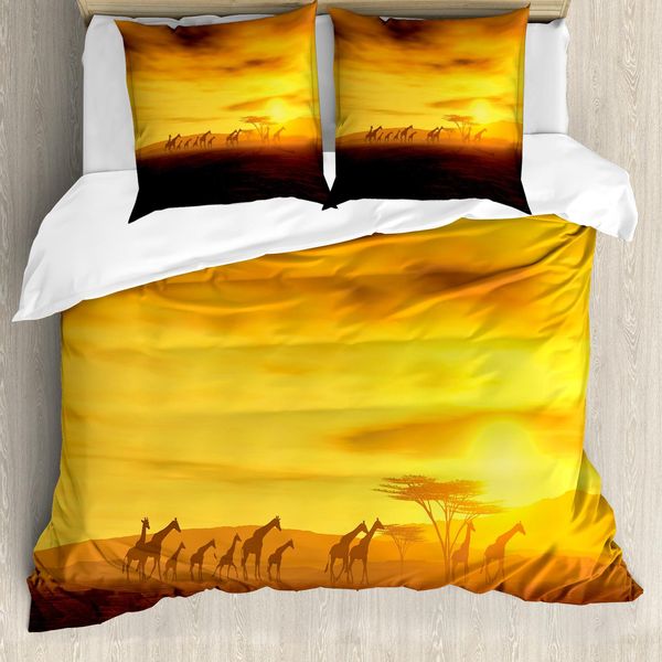 Abakuhaus Set Copripiumino Safari Per Letti Matrimoniali, Giraffe Al Tramonto Spettacolare, Antiacaro Adatto A Chi Soffre Di Allergie Con Federe, Calendula E Ambra-image