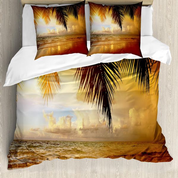 Abakuhaus Set Copripiumino Per Letti Matrimoniali, Tramonto Caraibi Palme, Antiacaro, Adatto A Chi Soffre Di Allergie, Con Federe, Giallo Arancione Blu-image