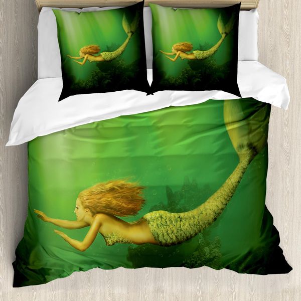 Abakuhaus Set Copripiumino Per Letti Matrimoniali, Sirena Con Coda Di Pesce, Antiacaro, Adatto A Chi Soffre Di Allergie, Con Federe, Zenzero Verde Scuro-image
