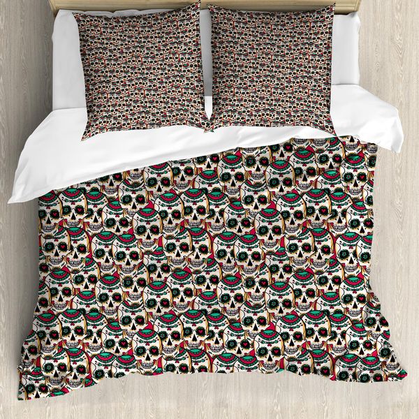 Abakuhaus Copripiumino ZuckerschäDel, Motivo Floreale Paisley, Antiacaro, Adatto A Chi Soffre Di Allergie, Con Federe, 200 Cm X 200 Cm - 80 X 80 Cm, Crema, Verde, Rosso-image