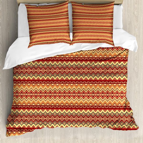 Abakuhaus Copripiumino Astratto, Motivo Azteco Folk, Antiacaro, Adatto A Chi Soffre Di Allergie, Con Federe, 155 Cm X 220 Cm - 80 X 80 Cm, Arancione E Giallo-image