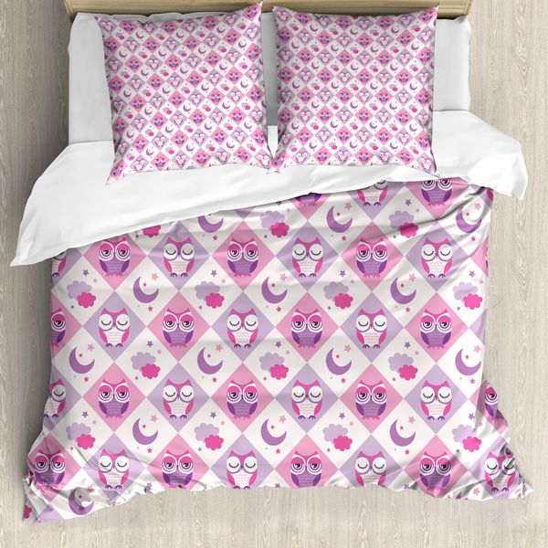 Abakuhaus Copripiumino Con Gufi, Sleeping Birds-Luna-Stella, Antiacaro, Adatto A Chi Soffre Di Allergie, Con Federe, 155 Cm X 220 Cm - 80 X 80 Cm, Rosa Lavanda-image