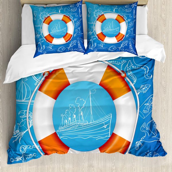Abakuhaus Boje Copripiumino, Palm Tree Island Octopus, Antiacaro, Adatto A Chi Soffre Di Allergie, Con Federe, 155 Cm X 220 Cm - 80 X 80 Cm, Blu Arancione Bianco-image