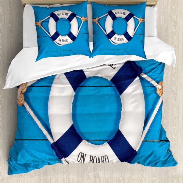 Abakuhaus Boje Copripiumino, Segno "Benvenuti A Bordo"", Antiacaro, Adatto A Chi Soffre Di Allergie, Con Federe, 200 Cm X 200 Cm - 80 X 80 Cm, Blu Navy-Blu-Bianco"-image