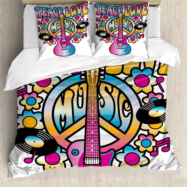 Abakuhaus Fantastico Copripiumino, Peace Love Vinyl Musik, Antiacaro, Adatto A Chi Soffre Di Allergie, Con Federe, 155 Cm X 220 Cm - 80 X 80 Cm, Blu, Rosa, Giallo-image