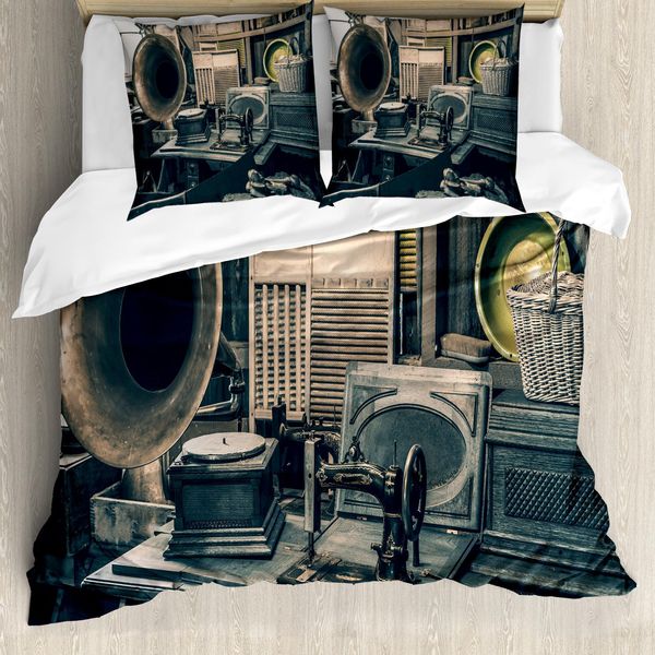 Abakuhaus Copripiumino Antico, Grammofono Vintage, Antiacaro, Adatto A Chi Soffre Di Allergie, Con Federe, 155 Cm X 220 Cm - 80 X 80 Cm, Color Seppia-image