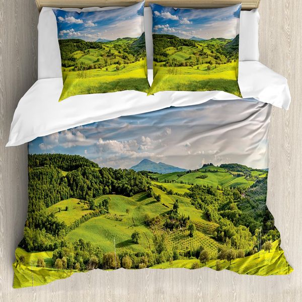 Abakuhaus Copripiumino Toscana, Fattorie Toscana Italia, Antiacaro Adatto A Chi Soffre Di Allergie Con Federe, 200 Cm X 200 Cm - 80 X 80 Cm, Azzurro Cielo Verde Mela-image