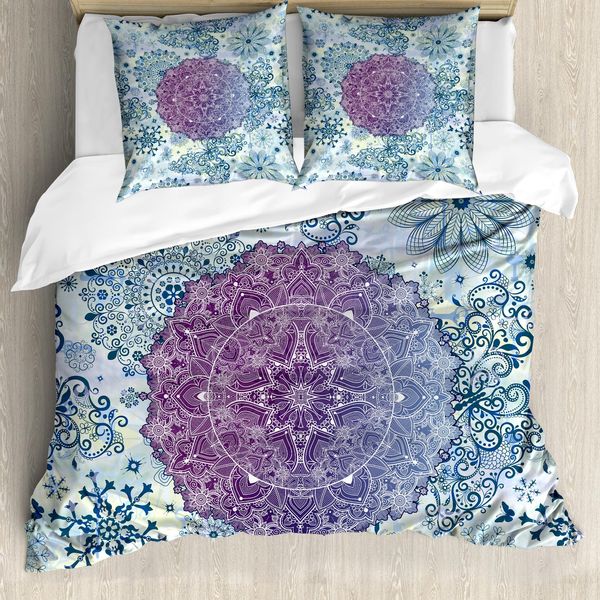 Set Copripiumino Abakuhaus Mandala Per Letti Matrimoniali, Motivi Etnici Orientali Ombre, Antiacaro, Adatto A Chi Soffre Di Allergie, Con Federe, Viola Blu-image