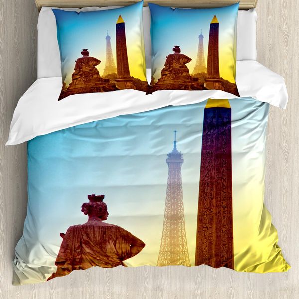 Abakuhaus Copripiumino Torre Eiffel, Foto Della Vecchia Torre Eiffel, Antiacaro, Adatto A Chi Soffre Di Allergie, Con Federe, 155 Cm X 220 Cm - 80 X 80 Cm, Giallo Caramello E Blu-image