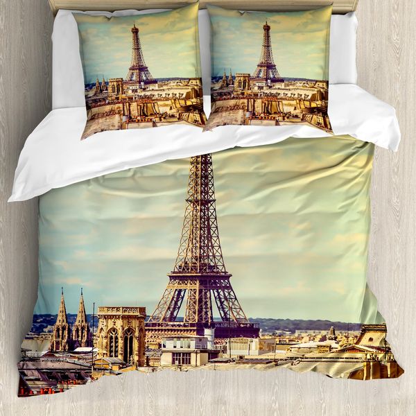 Abakuhaus Copripiumino Torre Eiffel, Panorama Di Parigi, Antiacaro, Adatto A Chi Soffre Di Allergie, Con Federe, 200 Cm X 200 Cm - 80 X 80 Cm, Verde Mandorla Giallo-image