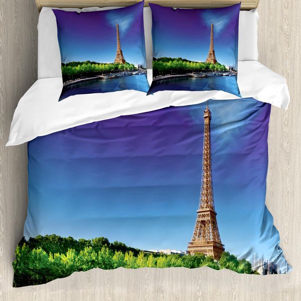 Abakuhaus Copripiumino Torre Eiffel, Eiffel All'alba, Antiacaro, Adatto A Chi Soffre Di Allergie, Con Federe, 200 Cm X 200 Cm - 80 X 80 Cm, Blu Navy-Verde-Crema-image