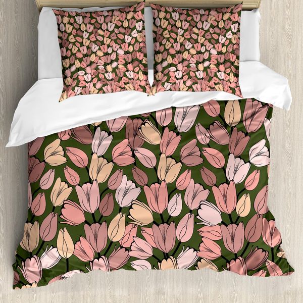 Abakuhaus Copripiumino Con Motivi Floreali, Tulipani Retrò, Antiacaro E Anallergico, Con Federe, 200 Cm X 200 Cm - 80 X 80 Cm, Color Cacao, Corallo E Crema-image