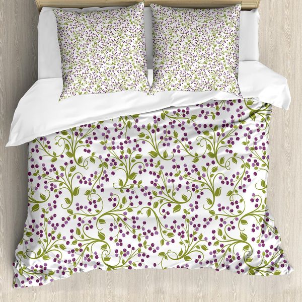 Abakuhaus Copripiuma Blume, Wild Berries Botanical, Antiacaro, Adatto A Chi Soffre Di Allergie, Con Federe, 200 Cm X 200 Cm - 80 X 80 Cm, Viola, Verde, Bianco-image