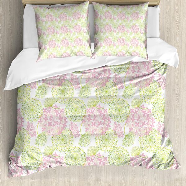Abakuhaus Copripiumino Con Motivo Floreale, Motivo A Denti Di Leone, Antiacaro, Adatto A Chi Soffre Di Allergie, Con Federe, 200 Cm X 200 Cm - 80 X 80 Cm, Verde Rosa Pallido Bianco-image