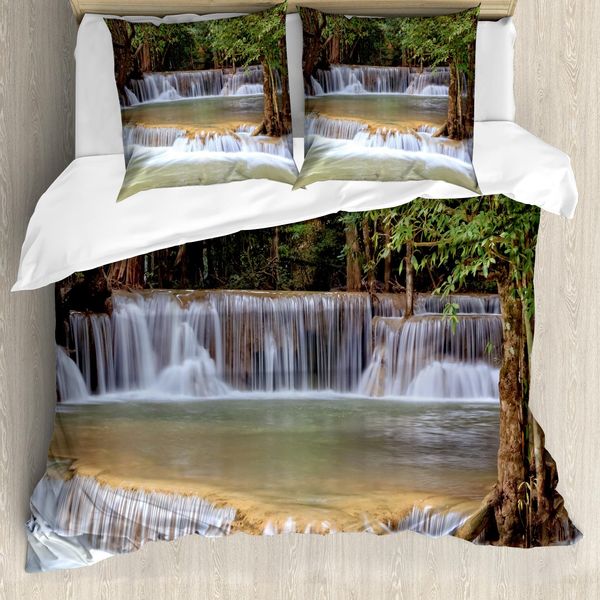 Abakuhaus Copripiumino Rainforest, Cascata Kanchanaburi, Antiacaro, Adatto A Chi Soffre Di Allergie, Con Federe, 155 Cm X 220 Cm - 80 X 80 Cm, Verde Marrone Grigio-image