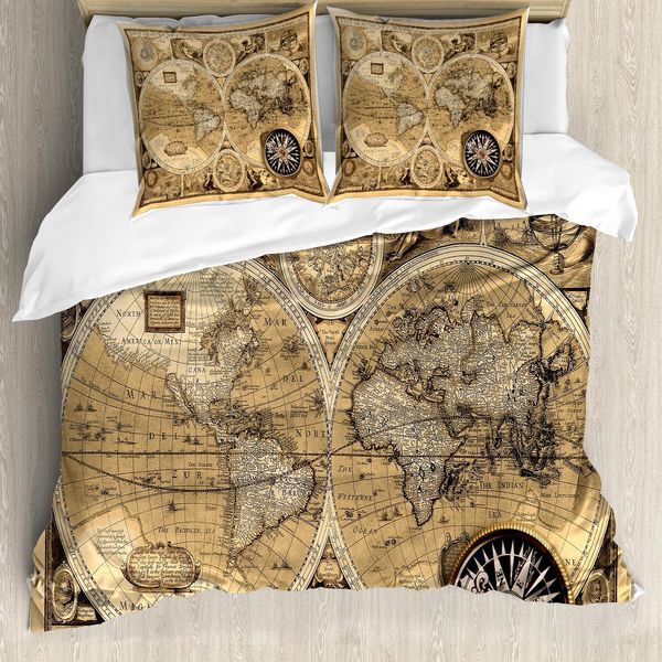 Abakuhaus Copripiumino Fernweh, Mappa Dettagliata Del Mondo, Antiacaro, Adatto A Chi Soffre Di Allergie, Con Federe, 200 Cm X 200 Cm - 80 X 80 Cm, Marrone Chiaro, Nero, Marrone-image