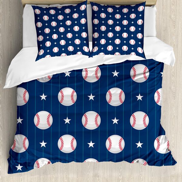 Abakuhaus Copripiumino Sportivo, Strisce Da Baseball, Antiacaro, Adatto A Chi Soffre Di Allergie, Con Federe, 155 Cm X 220 Cm - 80 X 80 Cm, Blu Notte, Rosso, Bianco-image
