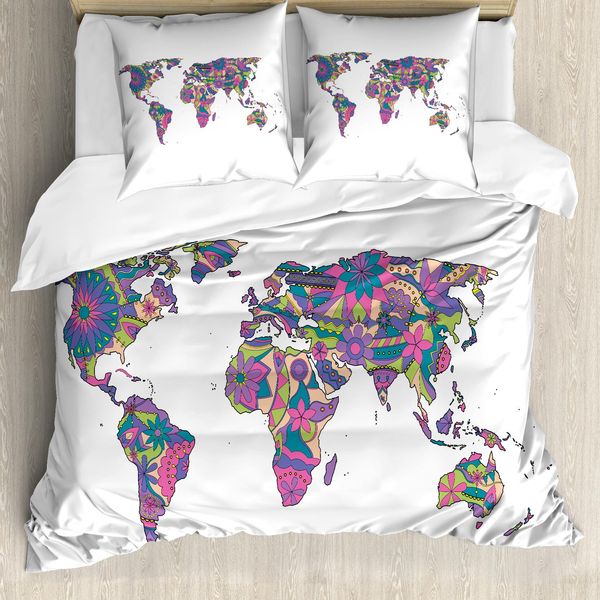 Abakuhaus Copripiumino Fernweh, Mappa Del Mondo Con Fiori, Antiacaro, Adatto A Chi Soffre Di Allergie, Con Federe, 200 Cm X 200 Cm - 80 X 80 Cm, Verde Lime Fucsia-image