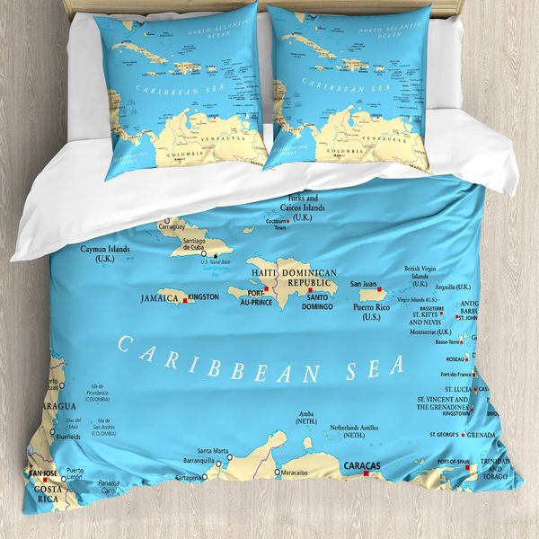 Abakuhaus Copripiumino Fernweh, Mappa Delle Capitali Dei Caraibi, Antiacaro, Adatto A Chi Soffre Di Allergie, Con Federe, 155 Cm X 220 Cm - 80 X 80 Cm, Blu Avorio-image