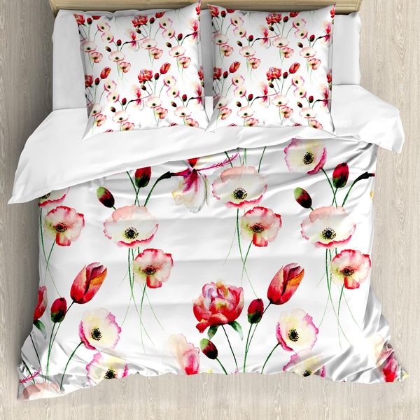 Abakuhaus Set Copripiumino Naturale Per Letti Matrimoniali, Motivi A Papaveri, Antiacaro, Adatto A Chi Soffre Di Allergie, Con Federe, Multicolore-image
