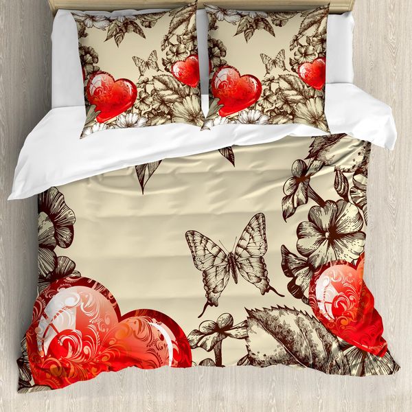 Abakuhaus Copripiumino, Fiori E Farfalle, Antiacaro, Adatto A Chi Soffre Di Allergie, Con Federe, 155 Cm X 220 Cm - 80 X 80 Cm, Beige, Marrone, Rosso-image
