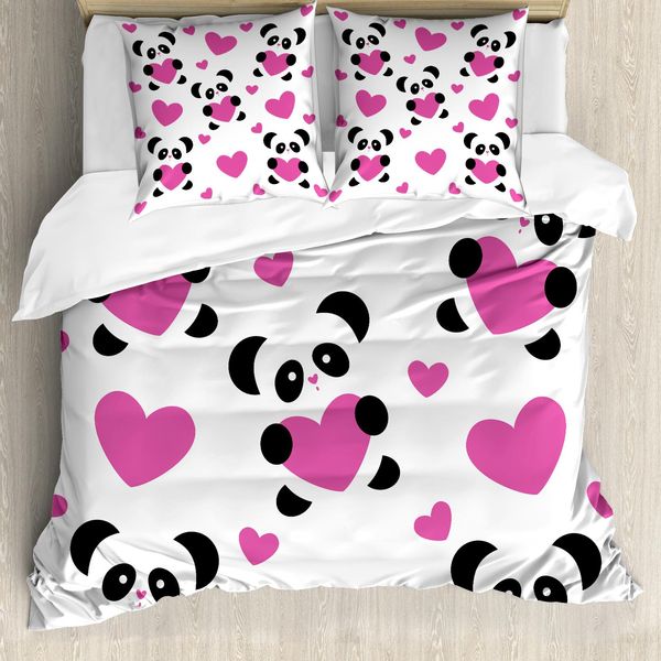 Abakuhaus Copripiumino Love, Cuori Love Pandas, Antiacaro, Adatto A Chi Soffre Di Allergie, Con Federe, 200 Cm X 200 Cm - 80 X 80 Cm, Fucsia, Nero, Bianco-image