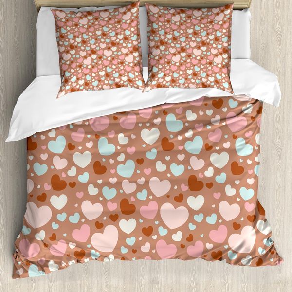 Abakuhaus Copripiumino Love, Cuore Romantico, Antiacaro, Adatto A Chi Soffre Di Allergie, Con Federe, 200 Cm X 200 Cm - 80 X 80 Cm, Marrone Chiaro-Rosa-Blu-image