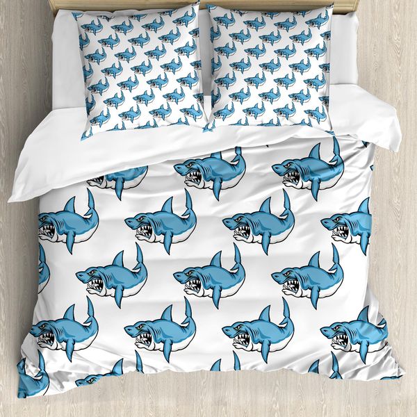 Abakuhaus Copripiumino Con Animali Marini, Sea Fierce Wilde Shark, Antiacaro, Adatto A Chi Soffre Di Allergie, Con Federe, 200 Cm X 200 Cm - 80 X 80 Cm, Blu E Bianco-image