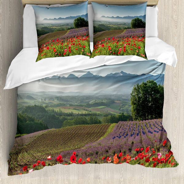 Abakuhaus Set Copripiumino In Papavero Per Letti Matrimoniali, Lavanda Fattoria Mattina, Antiacaro Adatto A Chi Soffre Di Allergie Con Federe, Multicolore-image